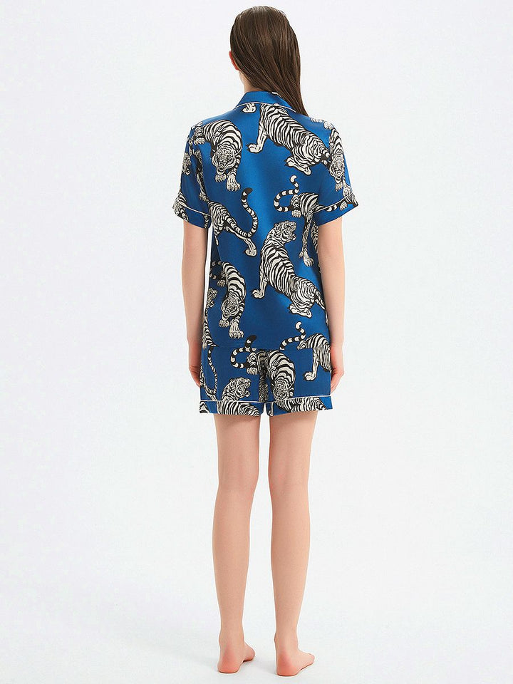 19 Momme Blue 100% Silk Pajama Shorts Set with Tigers Prints