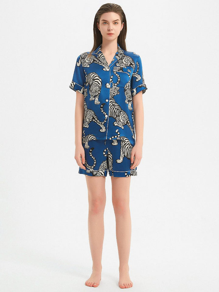 19 Momme Blue 100% Silk Pajama Shorts Set with Tigers Prints