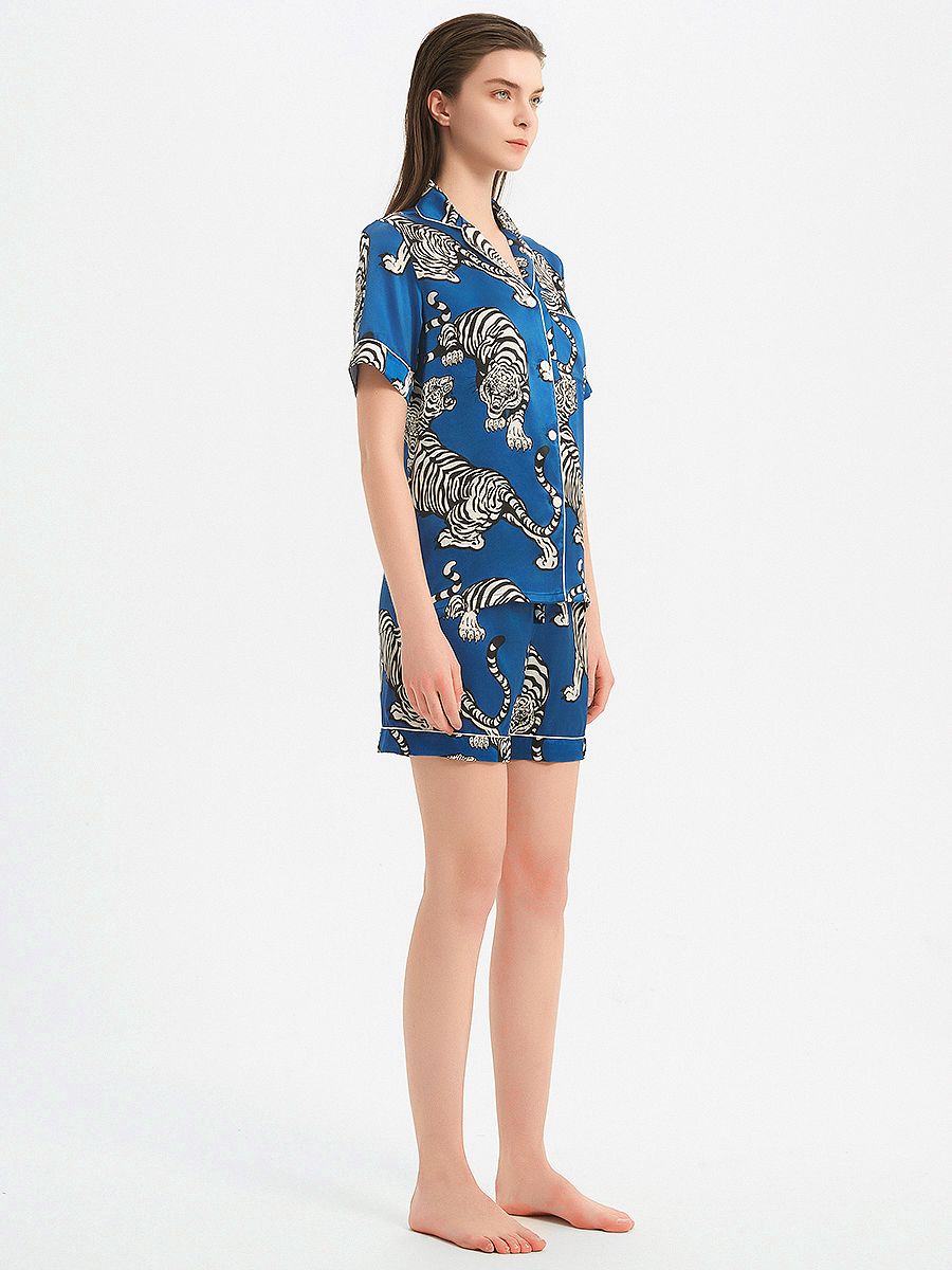 19 Momme Blue 100% Silk Pajama Shorts Set with Tigers Prints