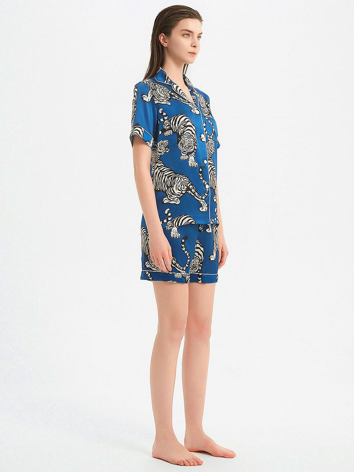 19 Momme Blue 100% Silk Pajama Shorts Set with Tigers Prints
