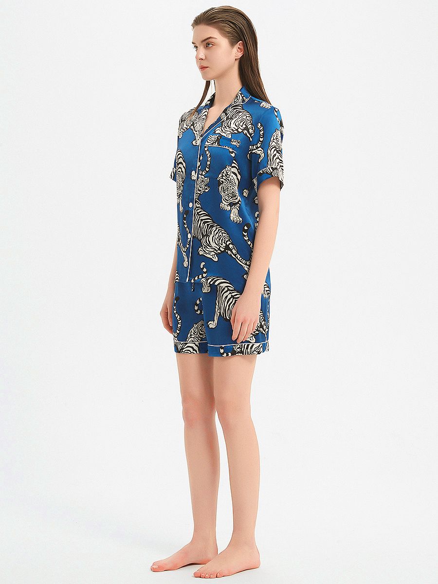 19 Momme Blue 100% Silk Pajama Shorts Set with Tigers Prints