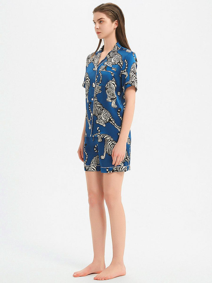 19 Momme Blue 100% Silk Pajama Shorts Set with Tigers Prints