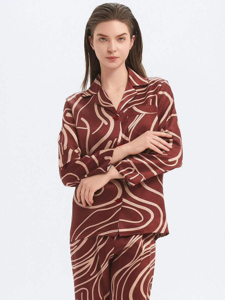 19 Momme Burgundy Long 100% Silk Pajama Set for Women with Lines Printing