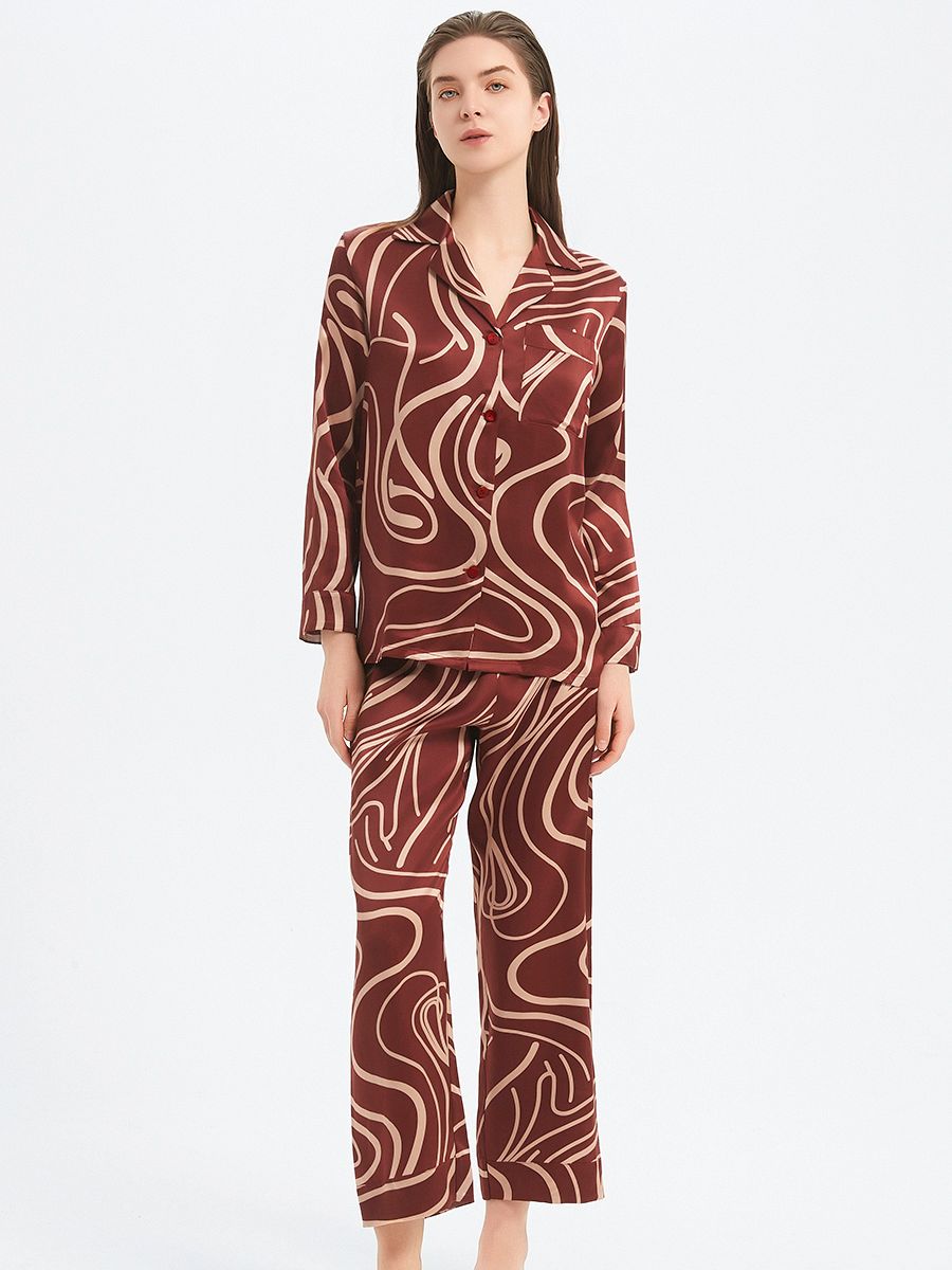 19 Momme Burgundy Long 100% Silk Pajama Set for Women with Lines Printing