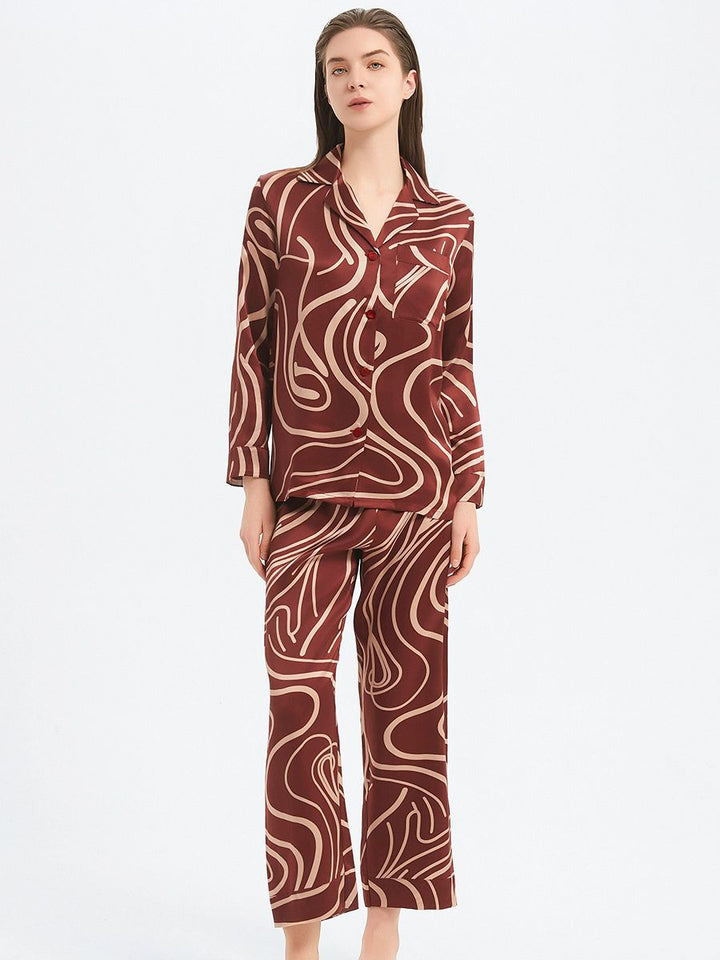 19 Momme Burgundy Long 100% Silk Pajama Set for Women with Lines Printing