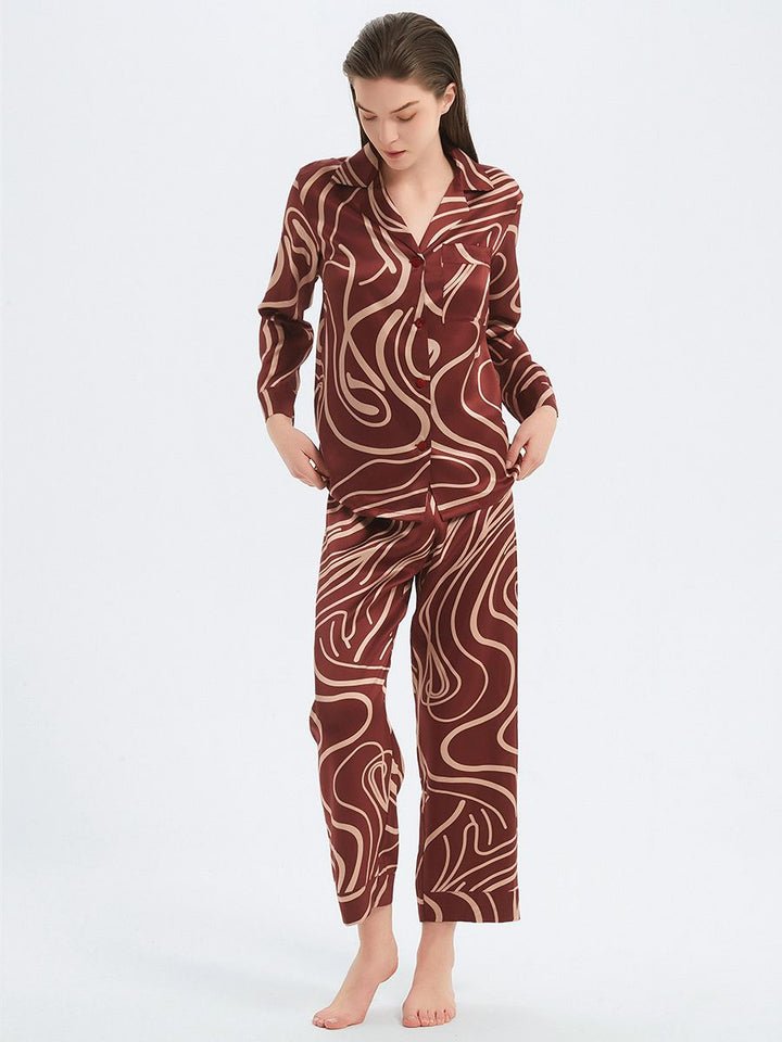 19 Momme Burgundy Long 100% Silk Pajama Set for Women with Lines Printing