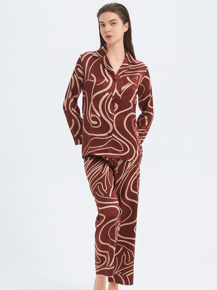 19 Momme Burgundy Long 100% Silk Pajama Set for Women with Lines Printing