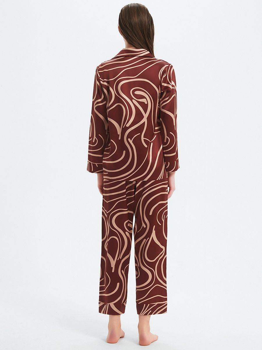 19 Momme Burgundy Long 100% Silk Pajama Set for Women with Lines Printing