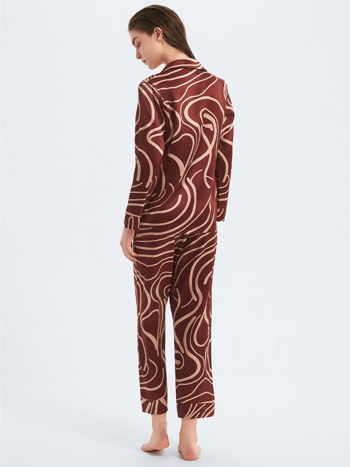 19 Momme Burgundy Long 100% Silk Pajama Set for Women with Lines Printing