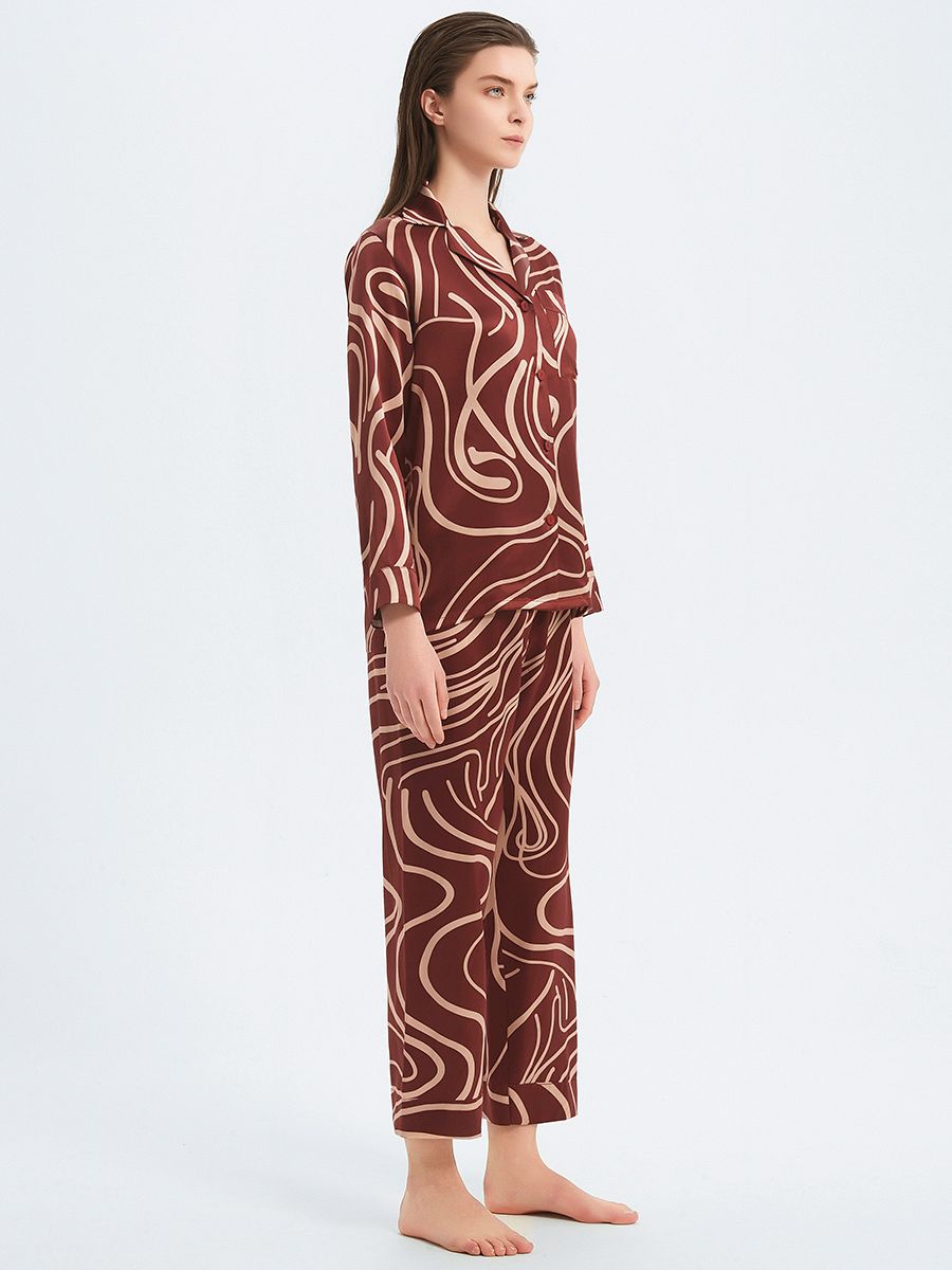 19 Momme Burgundy Long 100% Silk Pajama Set for Women with Lines Printing