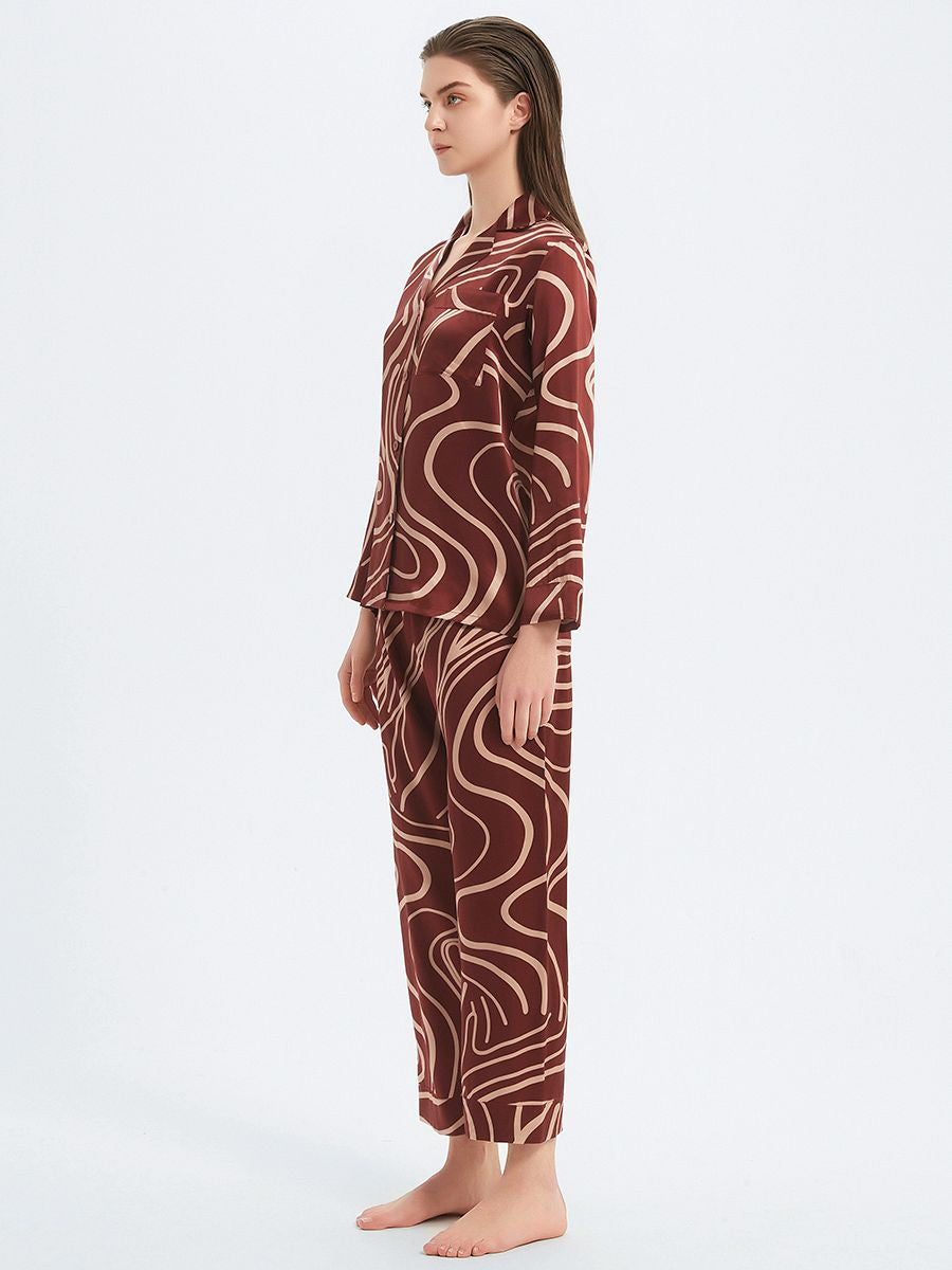 19 Momme Burgundy Long 100% Silk Pajama Set for Women with Lines Printing