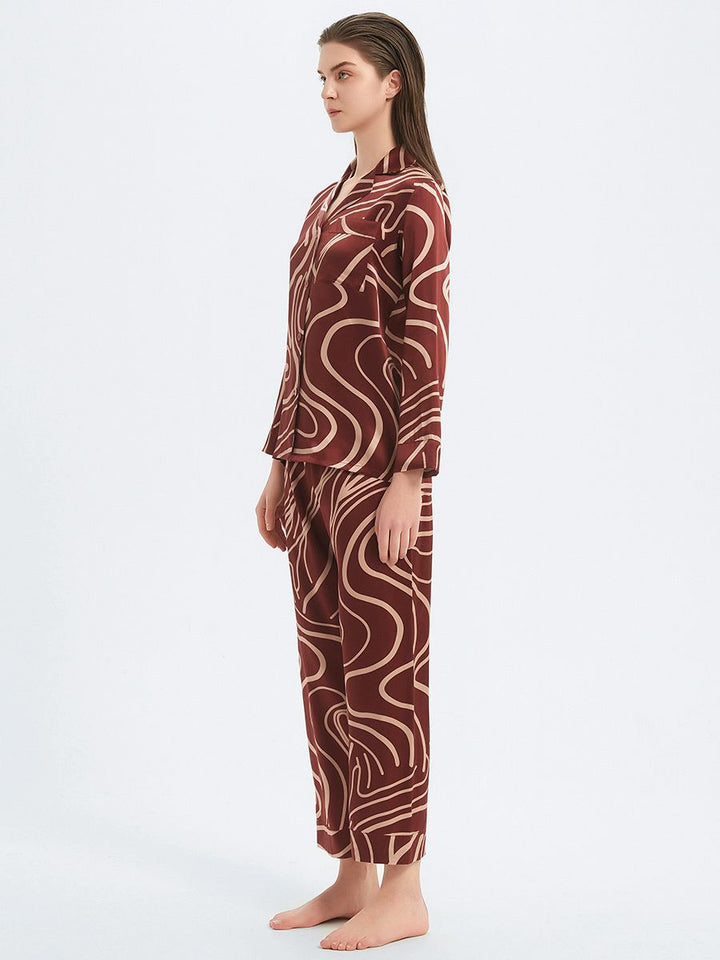 19 Momme Burgundy Long 100% Silk Pajama Set for Women with Lines Printing