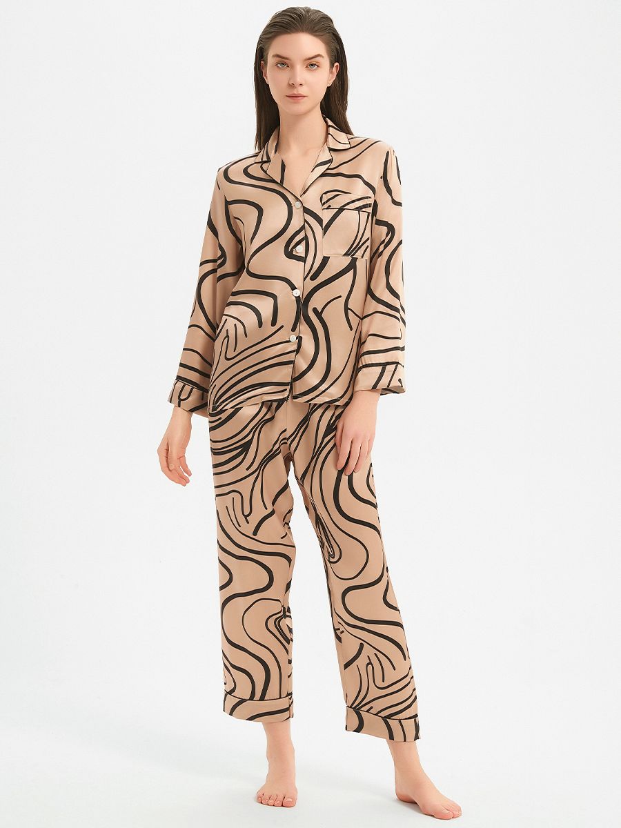 19 Momme Luxury Champagne Gold Long 100% Silk Pajama Set with Lines