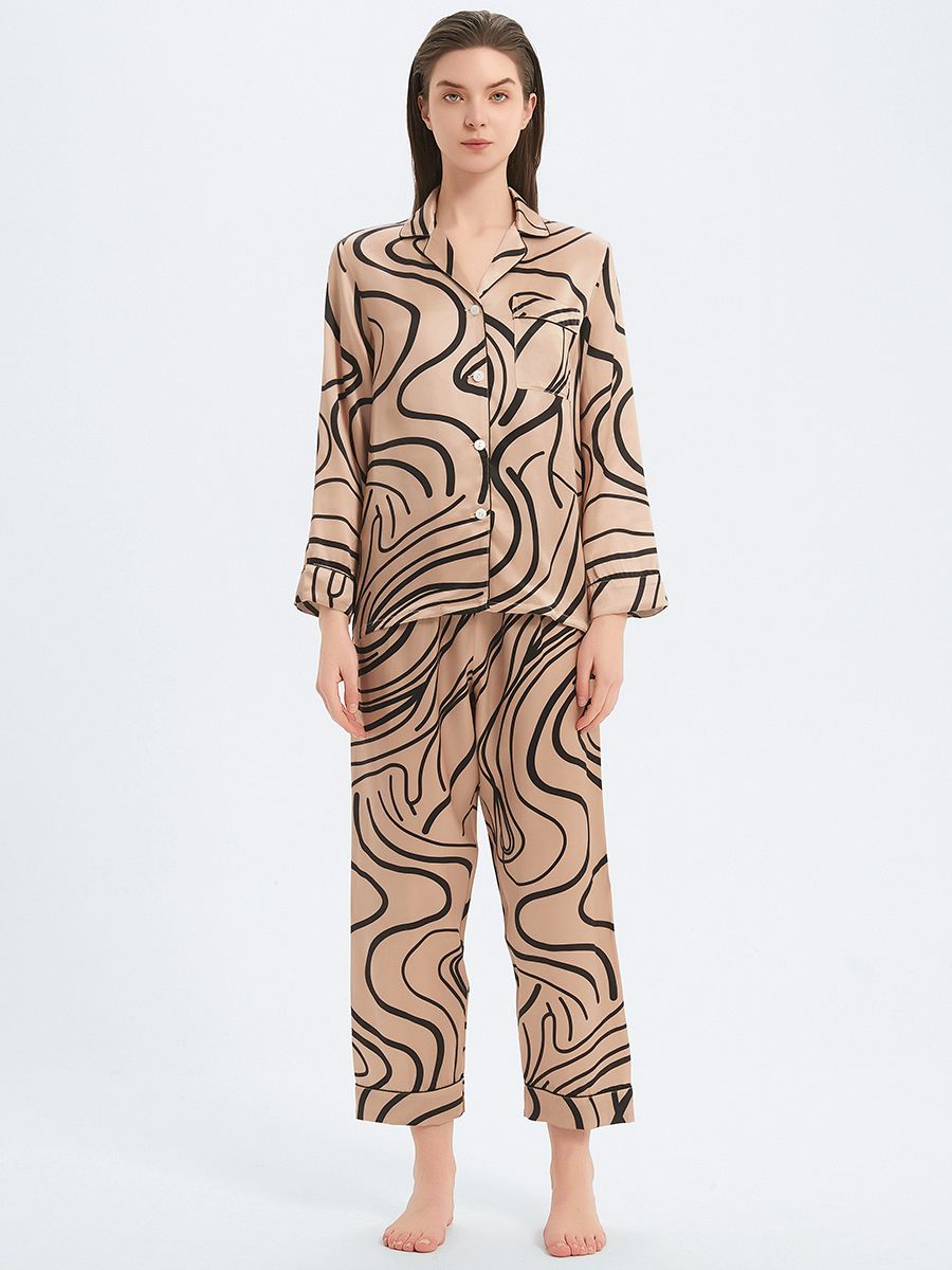 19 Momme Luxury Champagne Gold Long 100% Silk Pajama Set with Lines