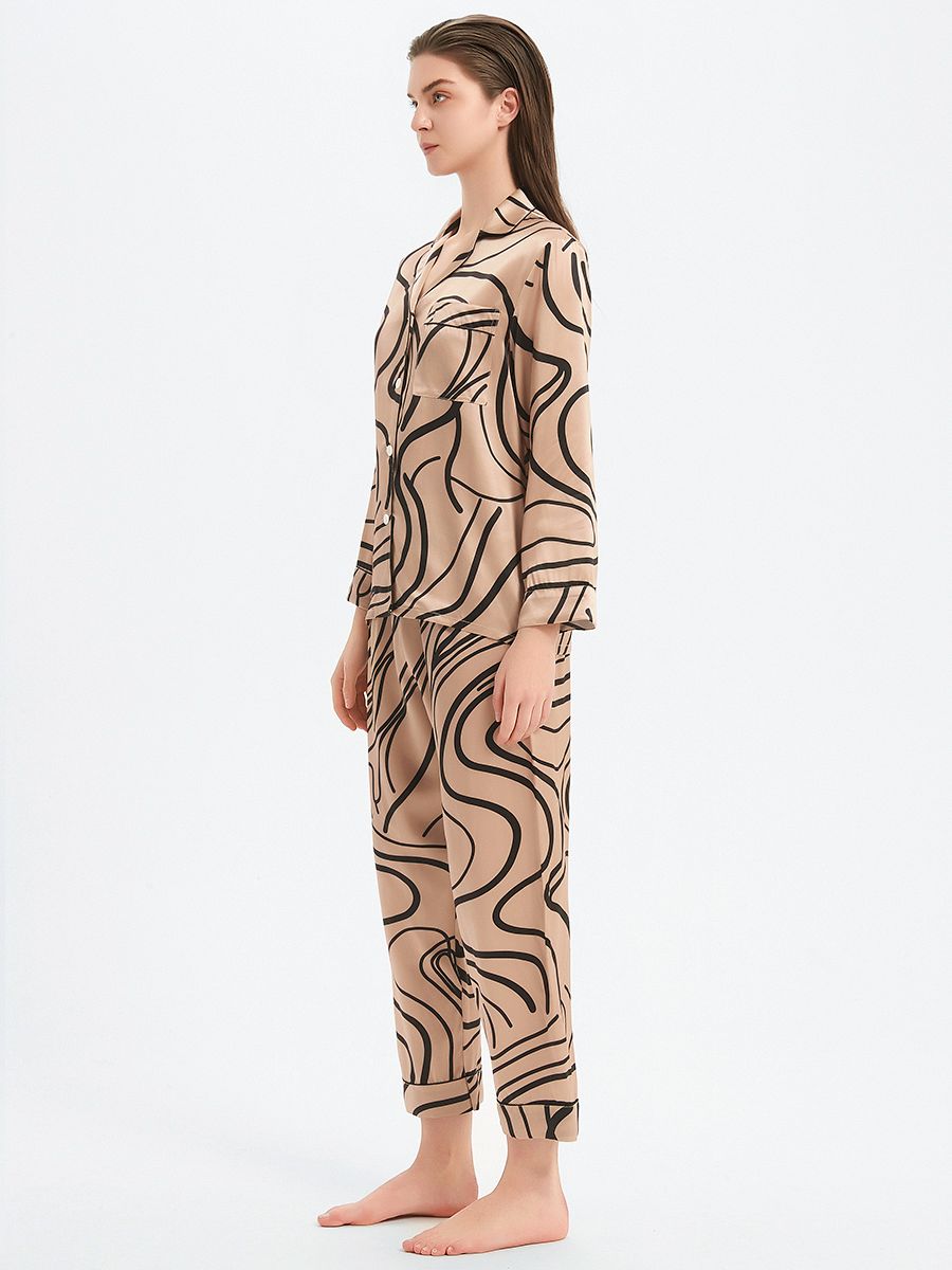 19 Momme Luxury Champagne Gold Long 100% Silk Pajama Set with Lines