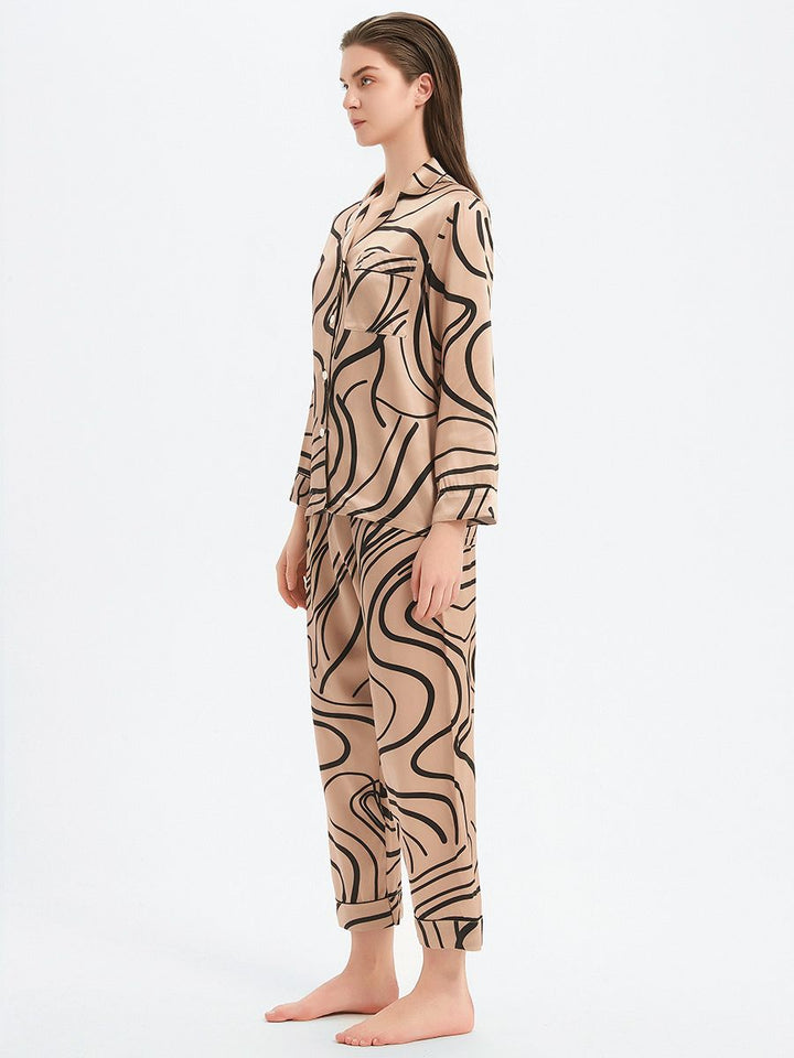 19 Momme Luxury Champagne Gold Long 100% Silk Pajama Set with Lines