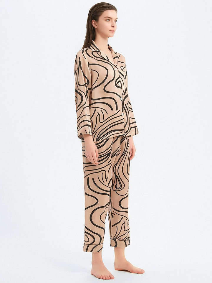 19 Momme Luxury Champagne Gold Long 100% Silk Pajama Set with Lines