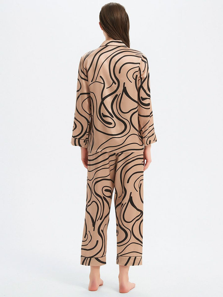 19 Momme Luxury Champagne Gold Long 100% Silk Pajama Set with Lines
