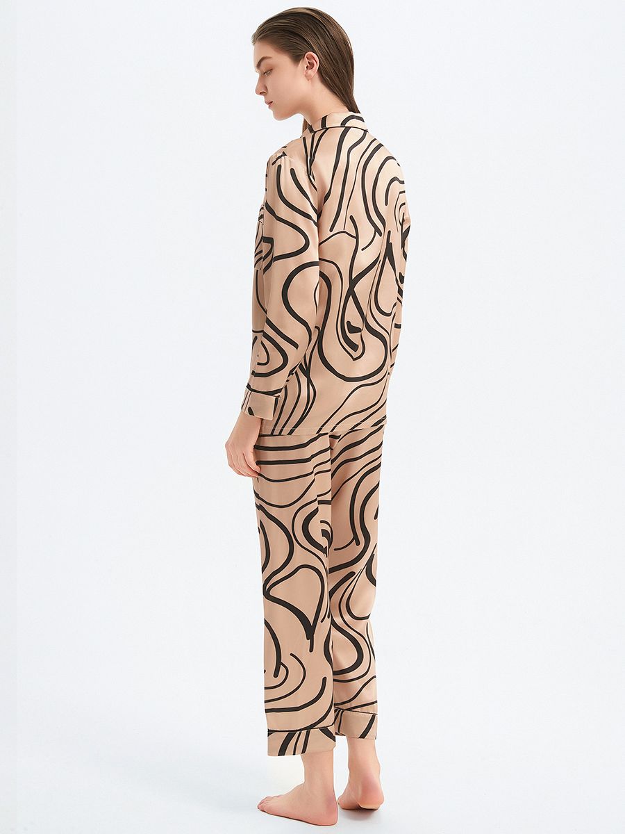 19 Momme Luxury Champagne Gold Long 100% Silk Pajama Set with Lines