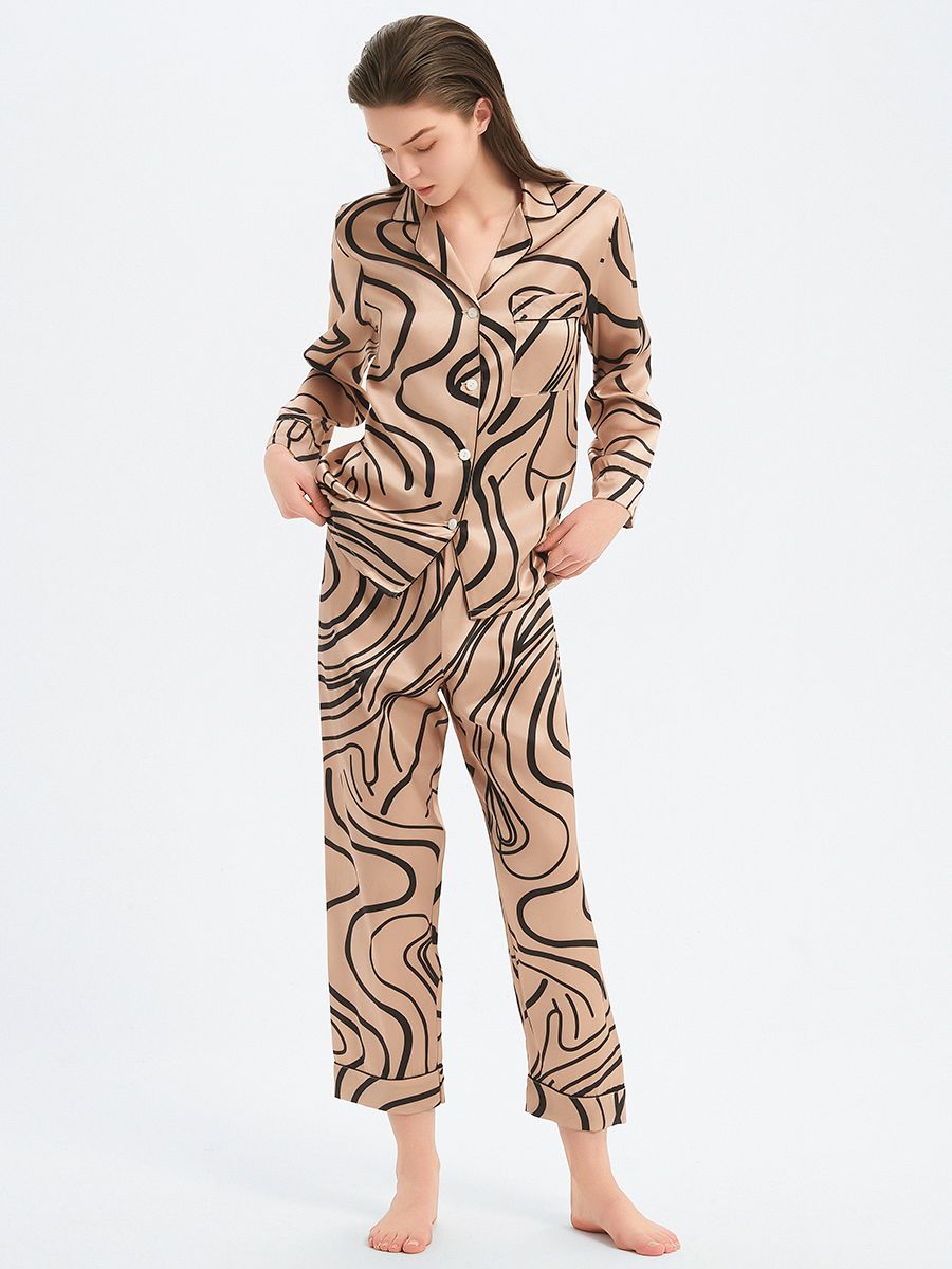19 Momme Luxury Champagne Gold Long 100% Silk Pajama Set with Lines
