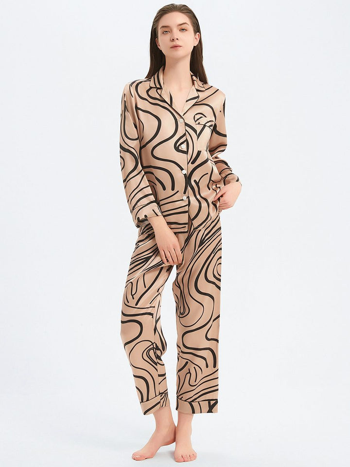 19 Momme Luxury Champagne Gold Long 100% Silk Pajama Set with Lines