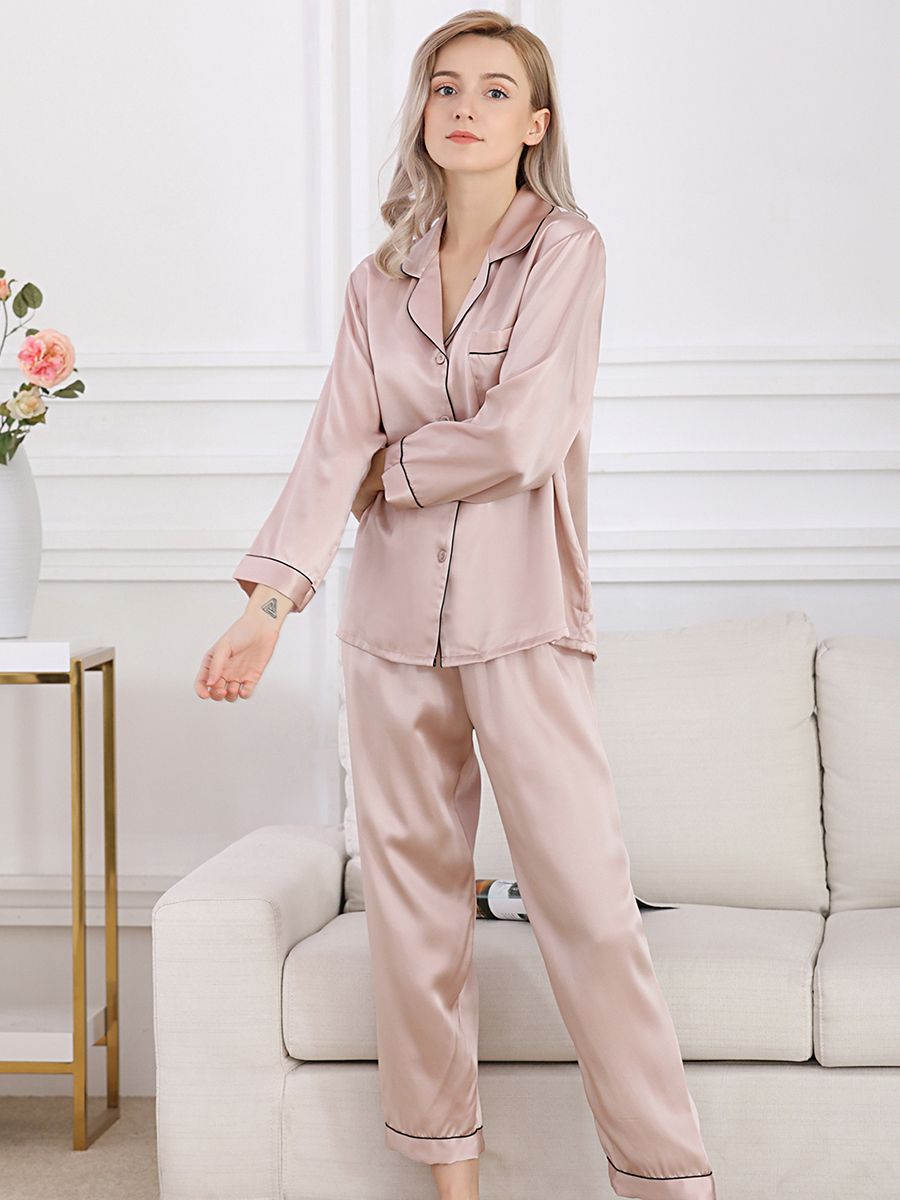 19 Momme Classic Long Sleeve Silk Pajama Set for Women with Trimming