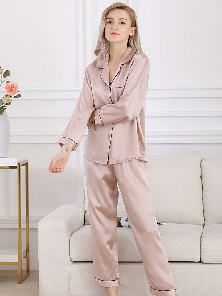 19 Momme Classic Long Sleeve Silk Pajama Set for Women with Trimming
