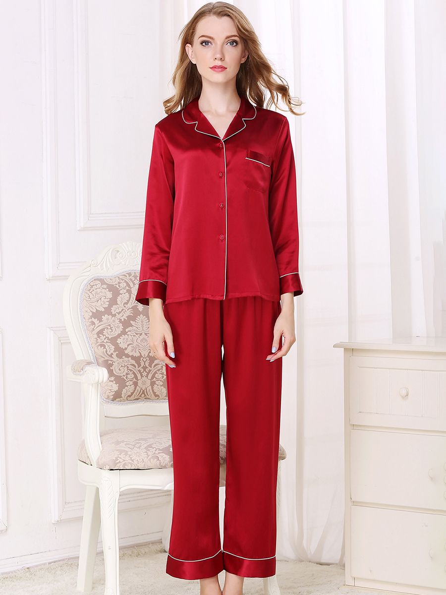19 Momme Classic Long Sleeve Silk Pajama Set for Women with Trimming