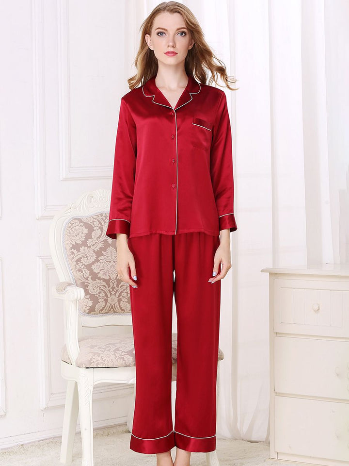 19 Momme Classic Long Sleeve Silk Pajama Set for Women with Trimming