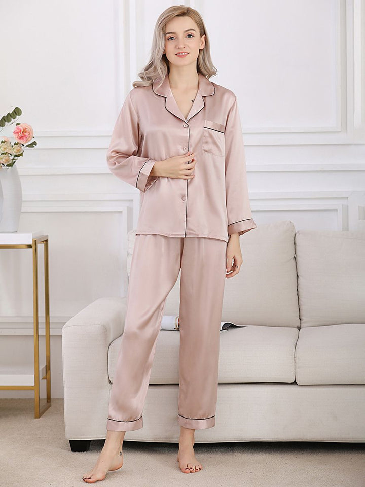 19 Momme Classic Long Sleeve Silk Pajama Set for Women with Trimming
