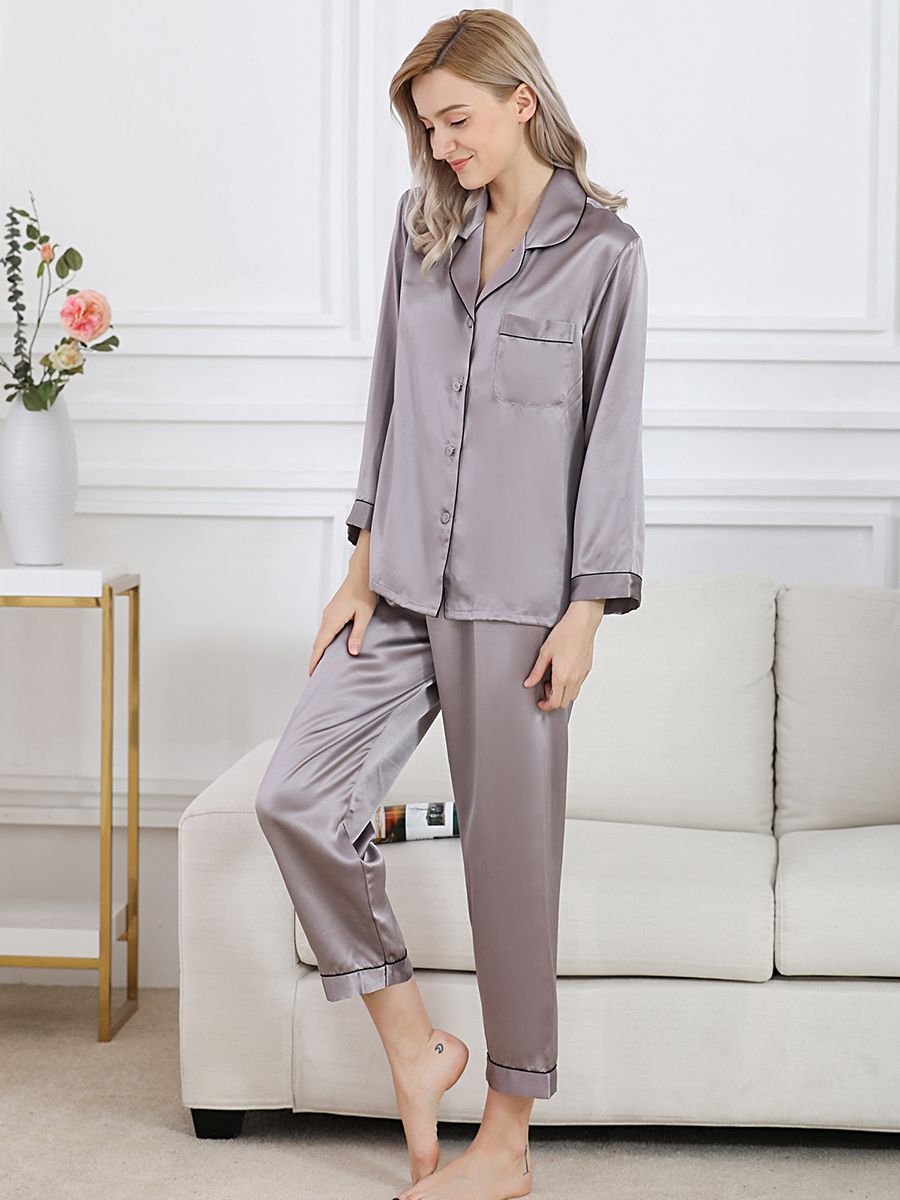 19 Momme Classic Long Sleeve Silk Pajama Set for Women with Trimming