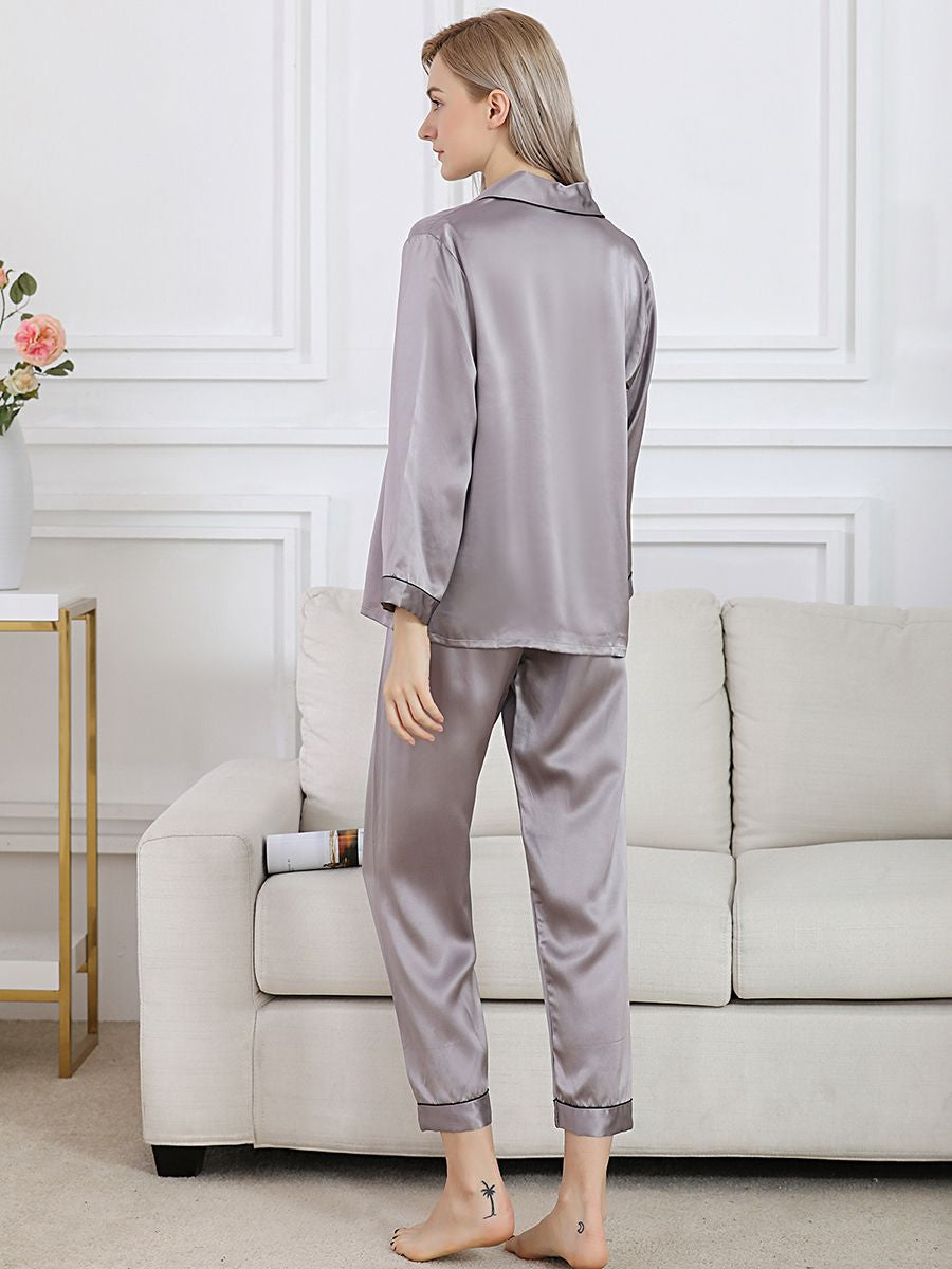 19 Momme Classic Long Sleeve Silk Pajama Set for Women with Trimming