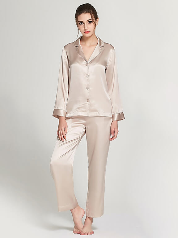 19 Momme Classic Solid Color Full Length Silk PJ Set for Women