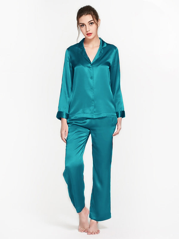 19 Momme Classic Solid Color Full Length Silk PJ Set for Women
