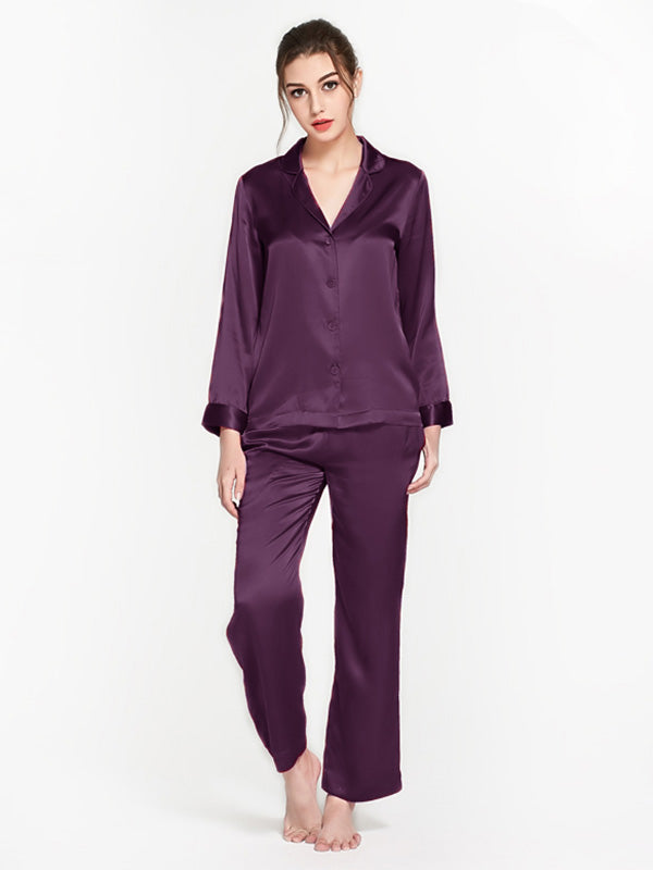 19 Momme Classic Solid Color Full Length Silk PJ Set for Women