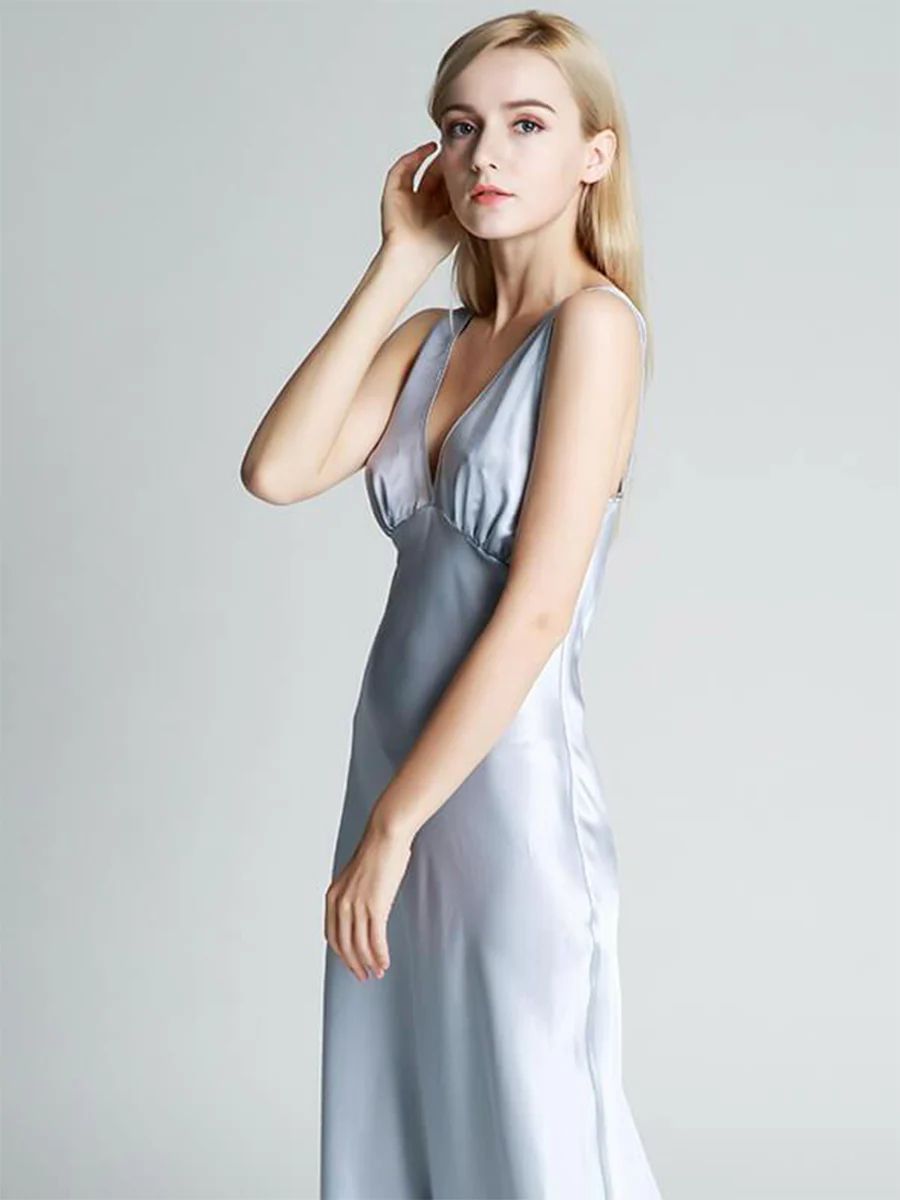 19 Momme Deep V-neck Floor Length Silk Nightgown with Wide Strap