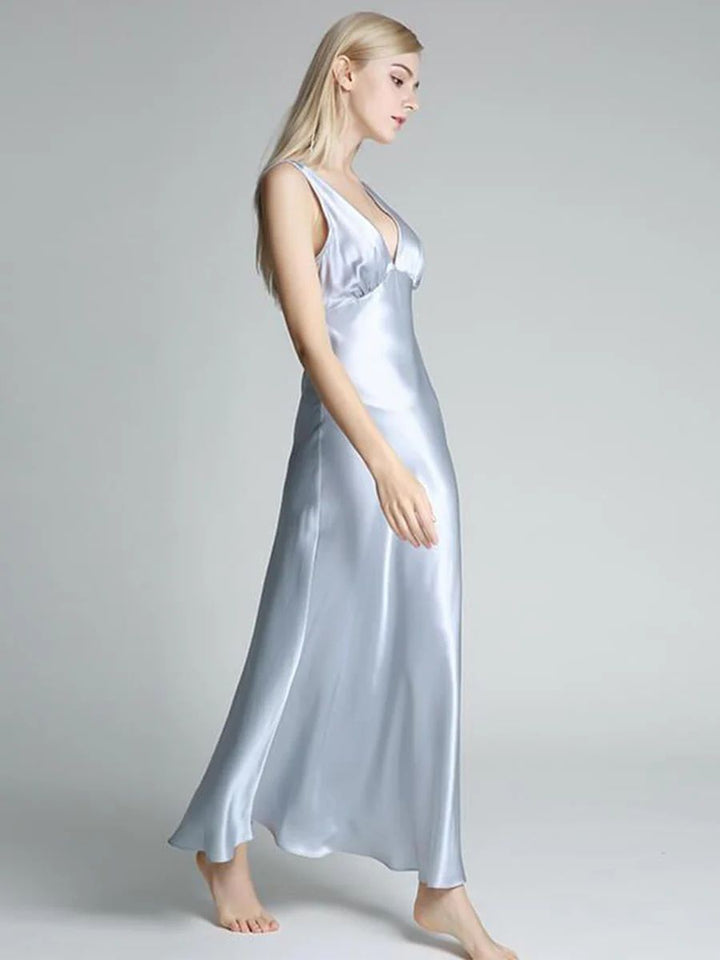 19 Momme Deep V-neck Floor Length Silk Nightgown with Wide Strap