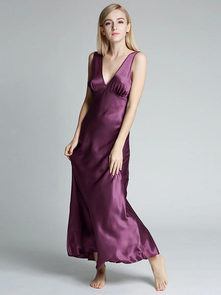 19 Momme Deep V-neck Floor Length Silk Nightgown with Wide Strap