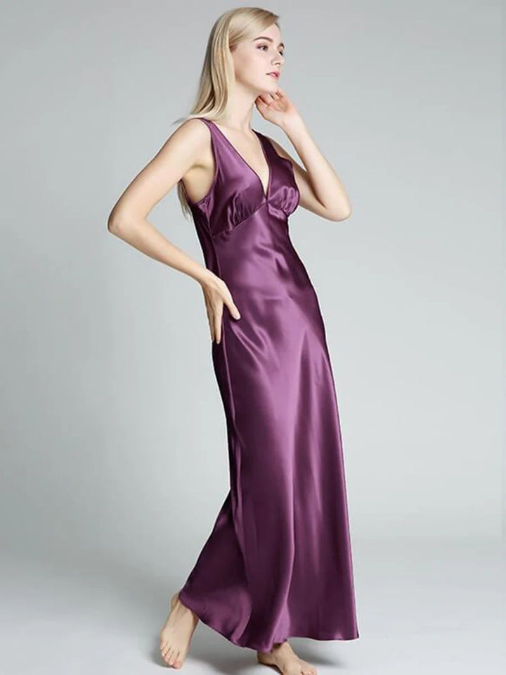 19 Momme Deep V-neck Floor Length Silk Nightgown with Wide Strap