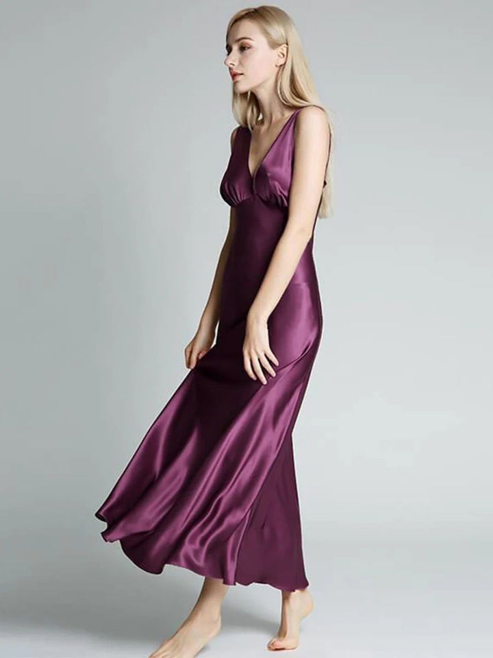 19 Momme Deep V-neck Floor Length Silk Nightgown with Wide Strap