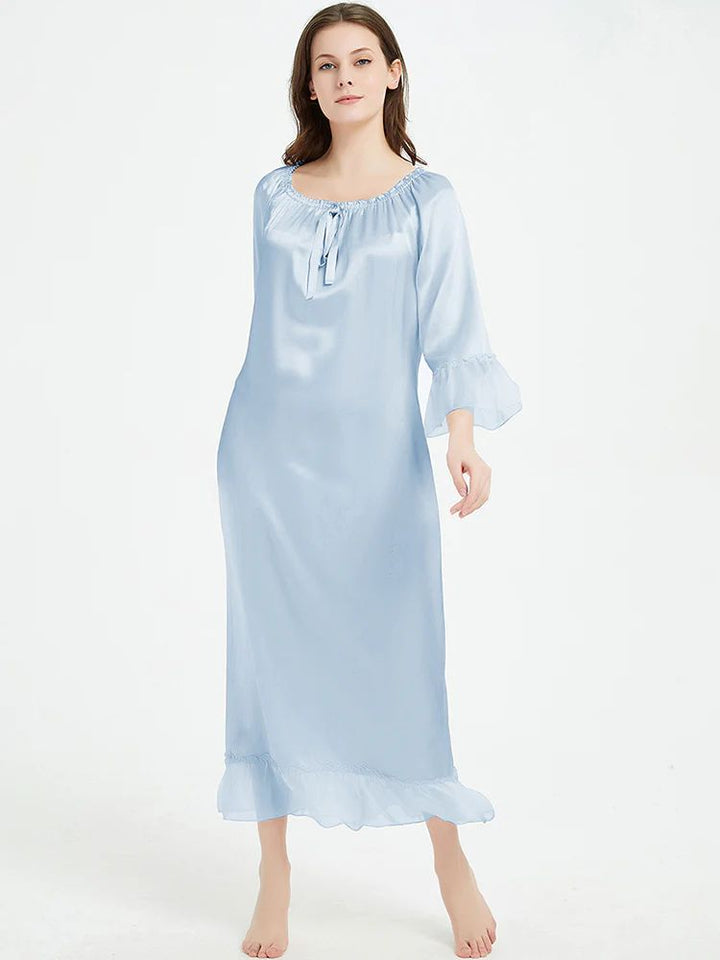 19 Momme Elasticized Gathered Neckline Long Silk Nightgown