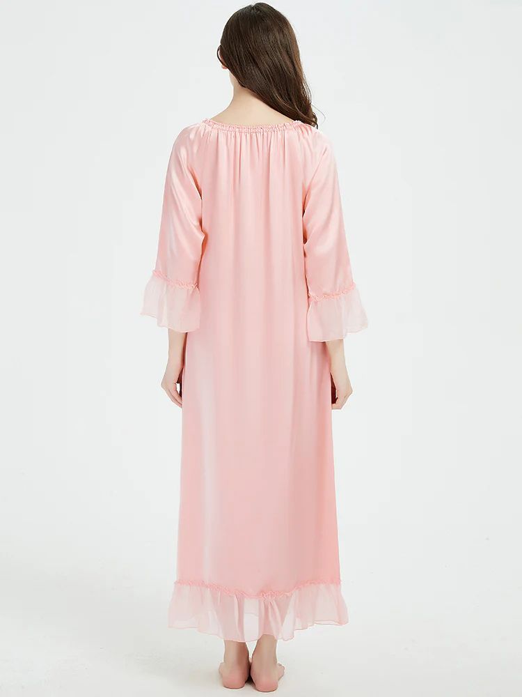 19 Momme Elasticized Gathered Neckline Long Silk Nightgown