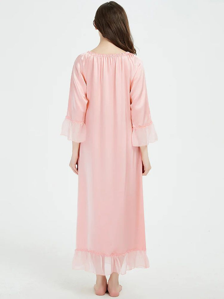 19 Momme Elasticized Gathered Neckline Long Silk Nightgown