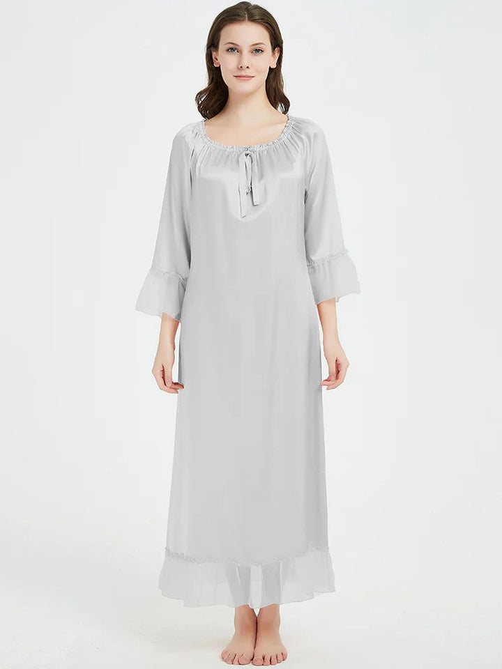 19 Momme Elasticized Gathered Neckline Long Silk Nightgown