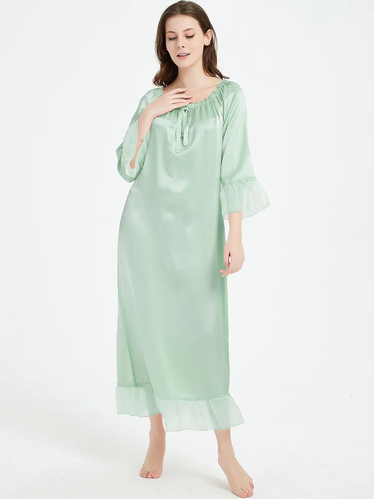 19 Momme Elasticized Gathered Neckline Long Silk Nightgown