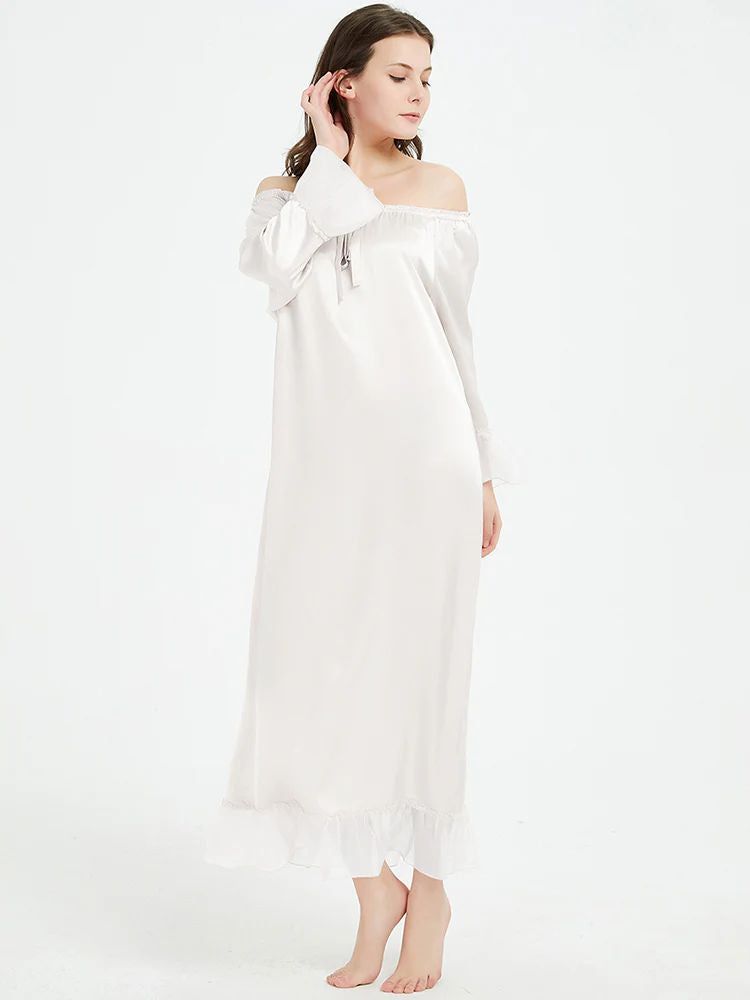 19 Momme Elasticized Gathered Neckline Long Silk Nightgown