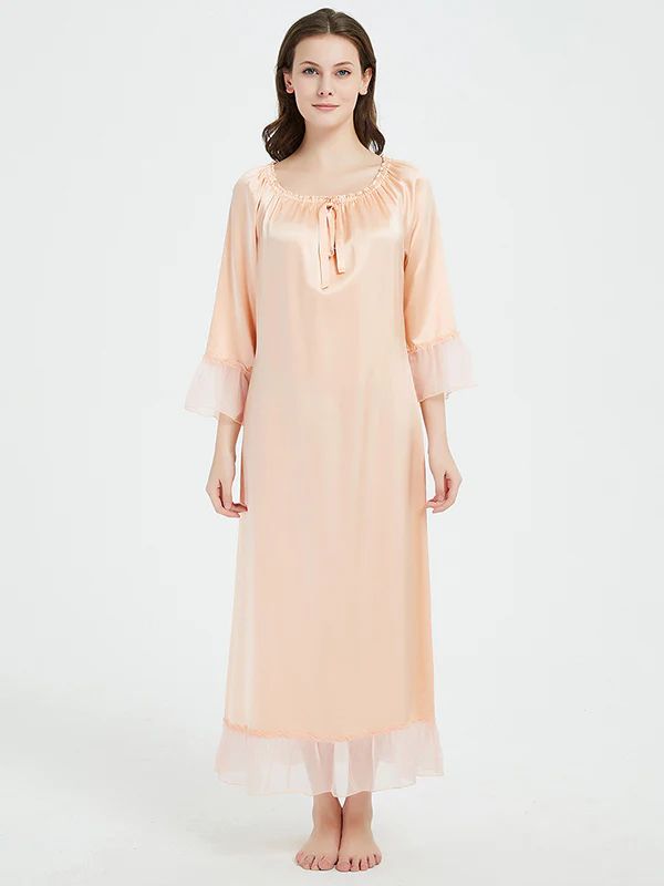 19 Momme Elasticized Gathered Neckline Long Silk Nightgown