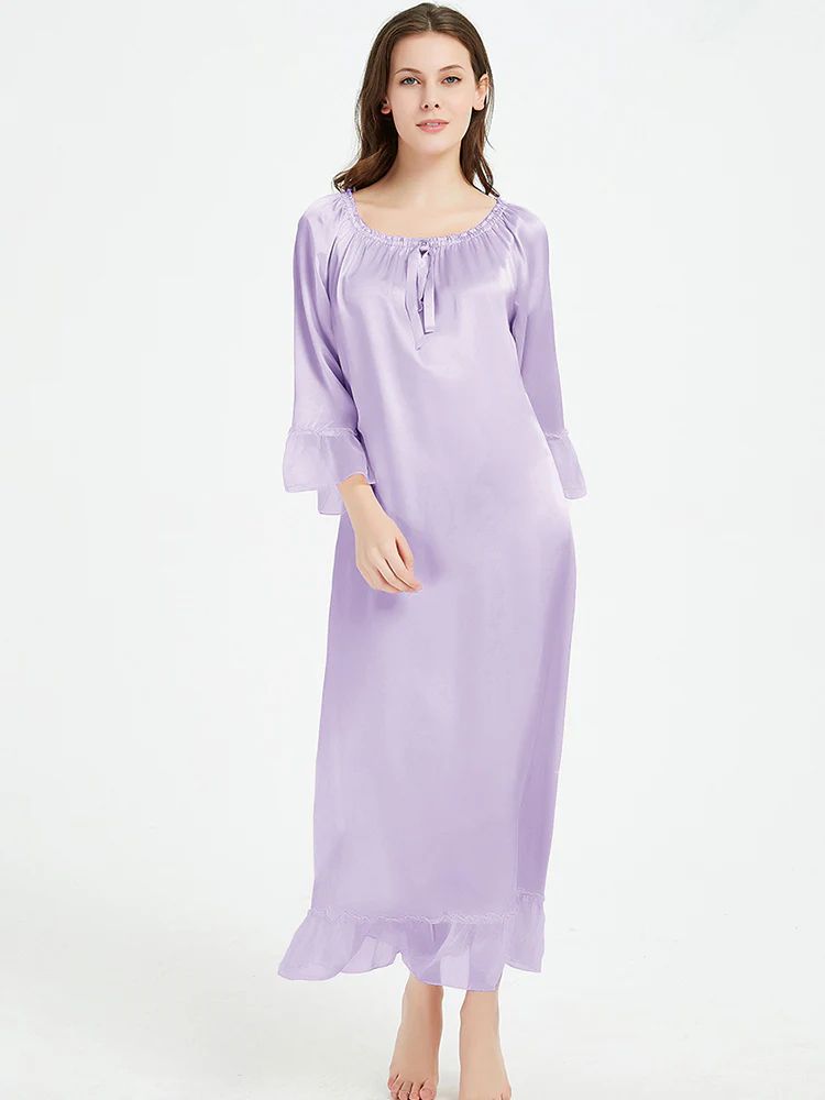 19 Momme Elasticized Gathered Neckline Long Silk Nightgown