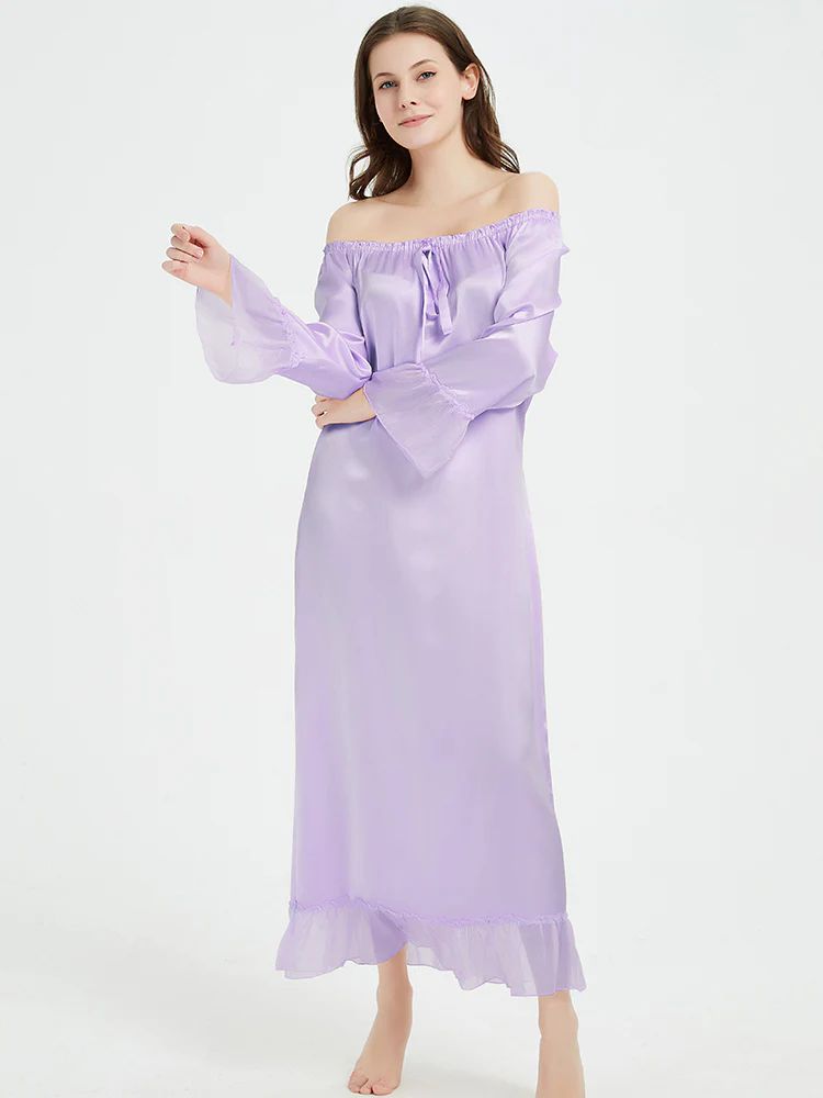 19 Momme Elasticized Gathered Neckline Long Silk Nightgown