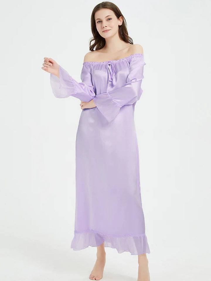 19 Momme Elasticized Gathered Neckline Long Silk Nightgown